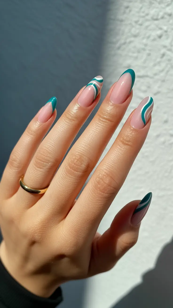 graduation nails ideas 2026 Green French with Modern Swirl Accents