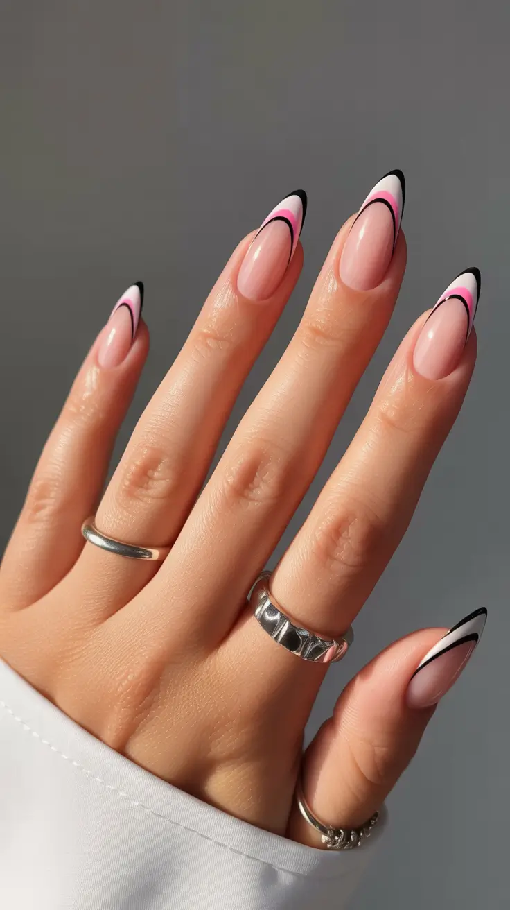 graduation nails ideas 2026 Black and Pink French Tips for a Sharp Modern Edge