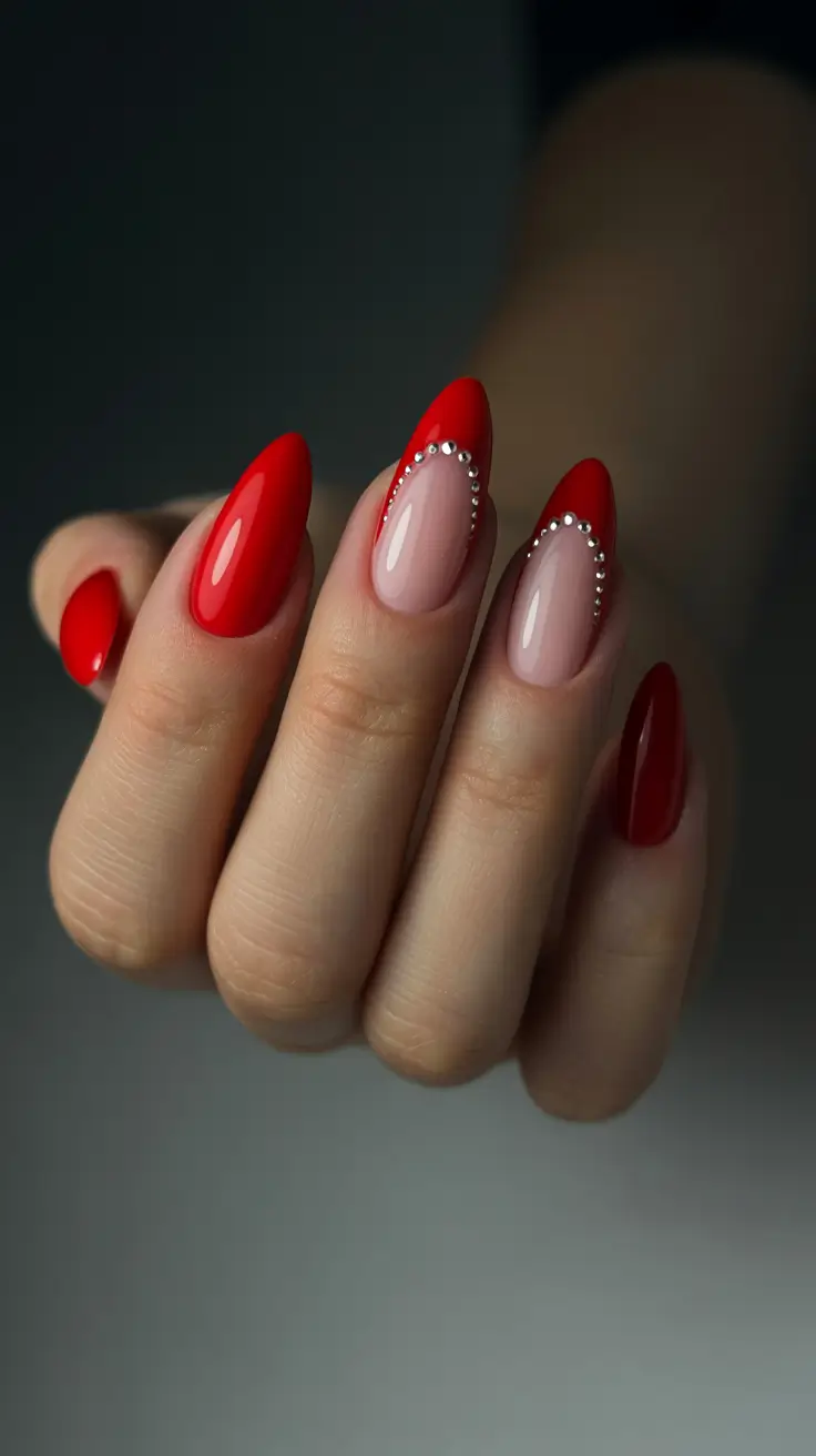 graduation nails ideas 2026 Bold Red Almond Nails with Crystal Accents