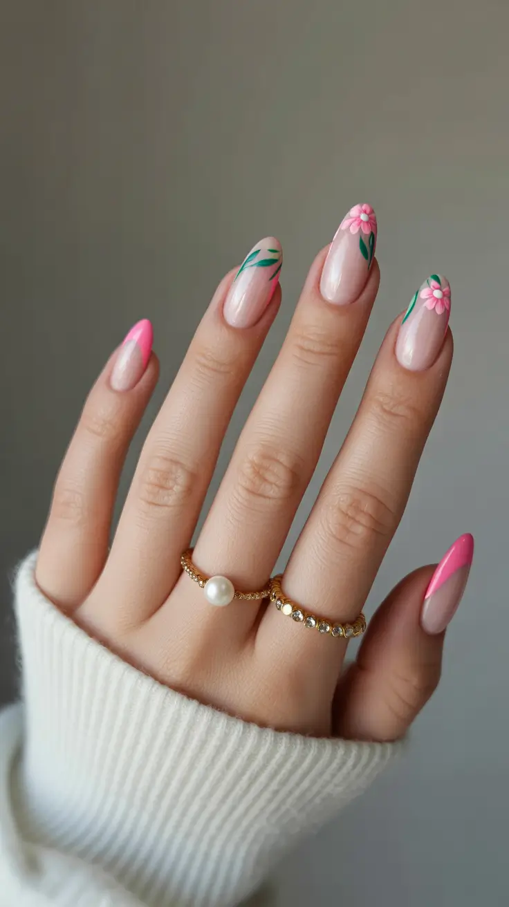 graduation nails ideas 2026 Pink Floral Almond Nails for a Soft Feminine Touch