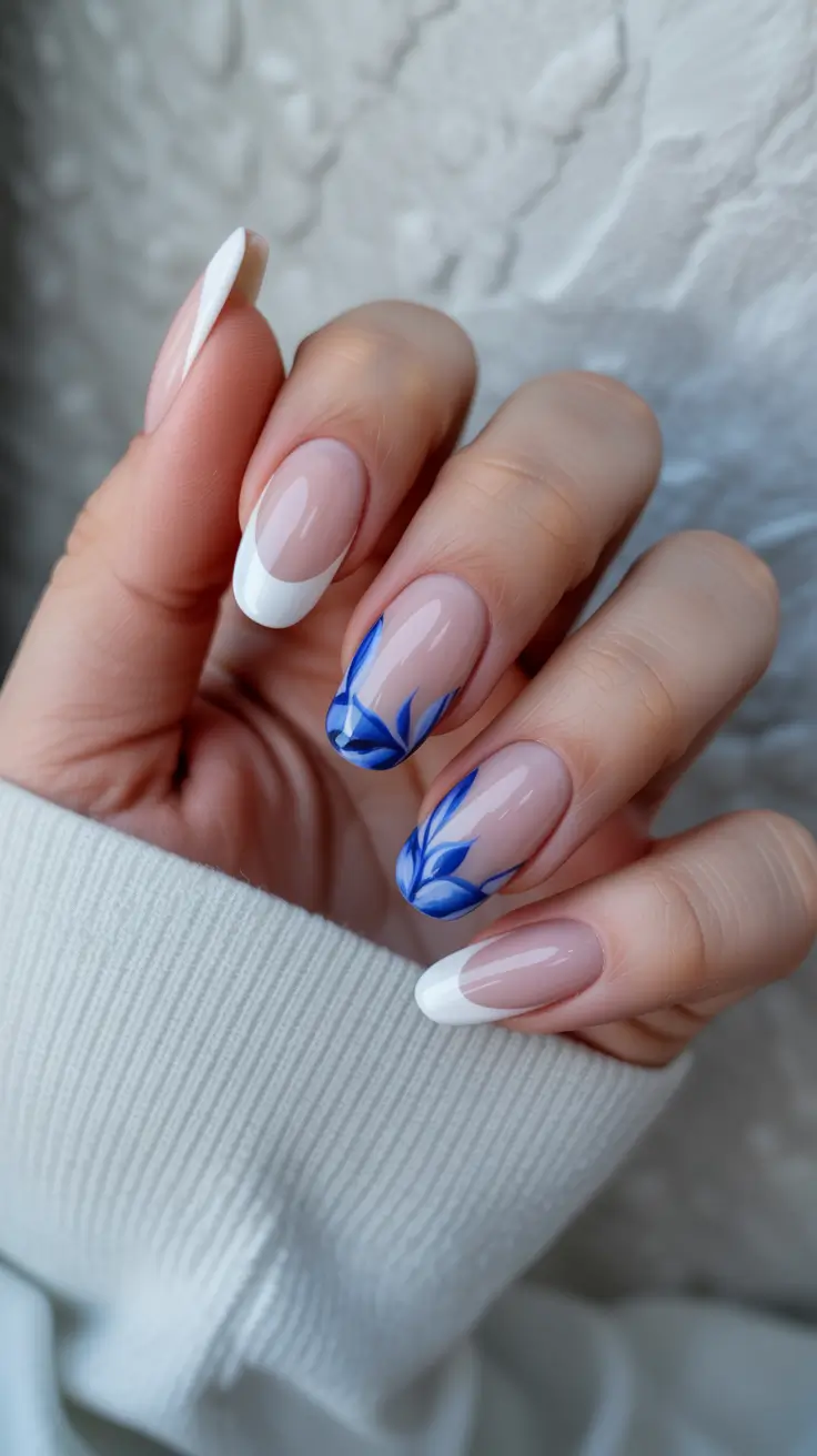 graduation nails ideas 2026 Modern Blue Floral Accents on a Clean French Base