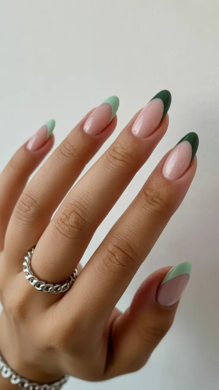 graduation nails ideas 2026 Two-Tone Green French Almond Nails for a Fresh Classic Twist