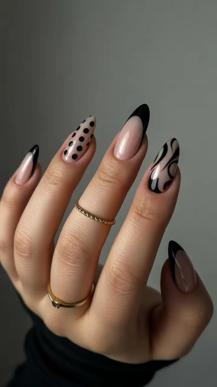 graduation nails ideas 2026 Black French and Graphic Art Nails for a Bold Statement Finish