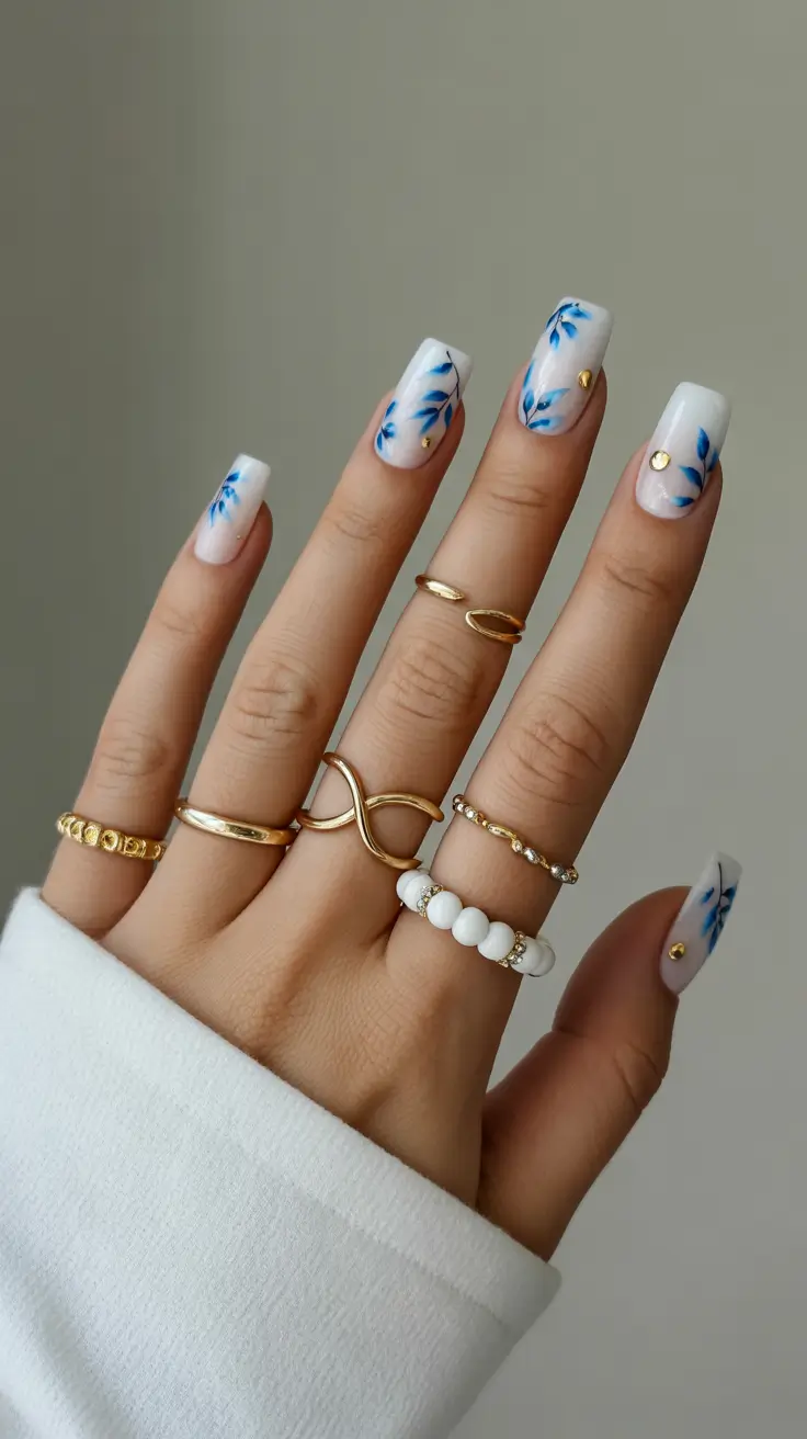 graduation nails ideas 2026 Elegant Blue Botanical Nails with Gold Details
