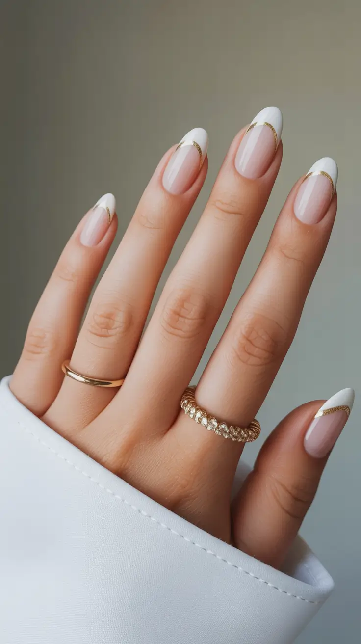 graduation nails ideas 2026 Minimalist White French with Gold Arcs for a Polished Finish