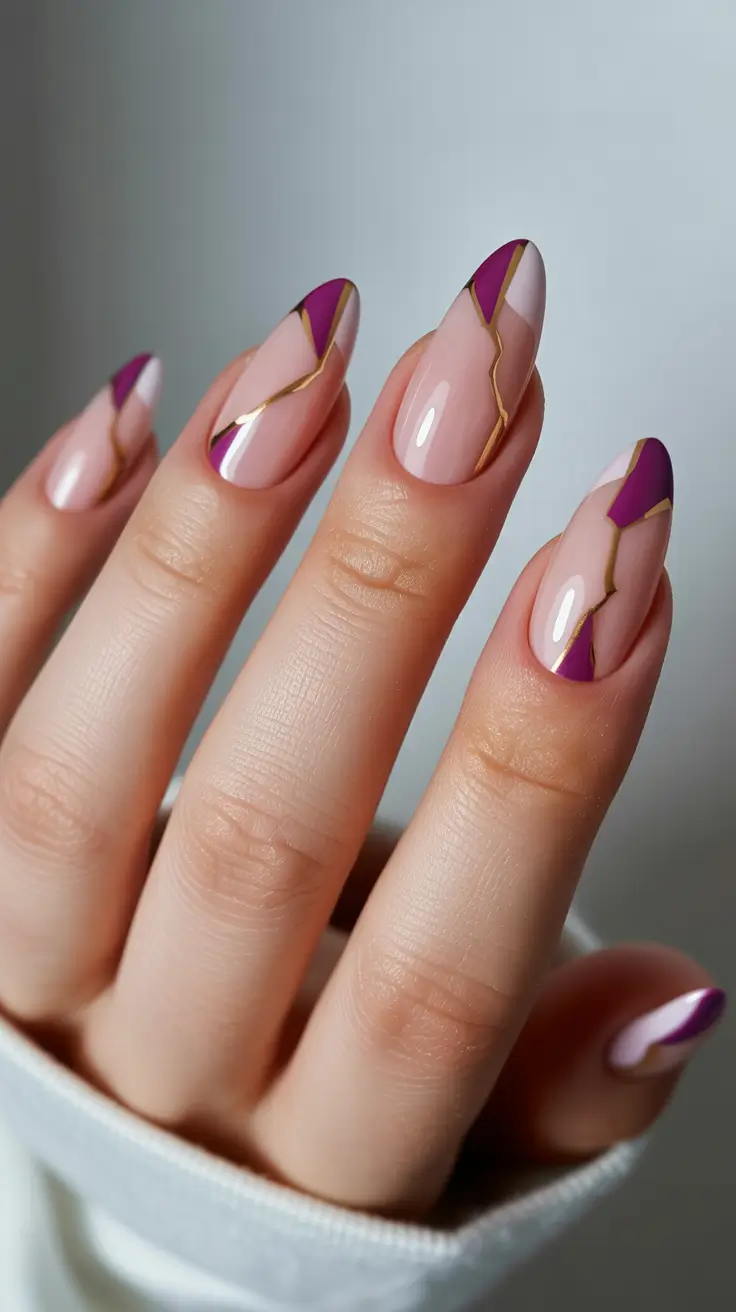 graduation nails ideas 2026 Graphic Plum and Gold Lines for a Bold Yet Classy Look