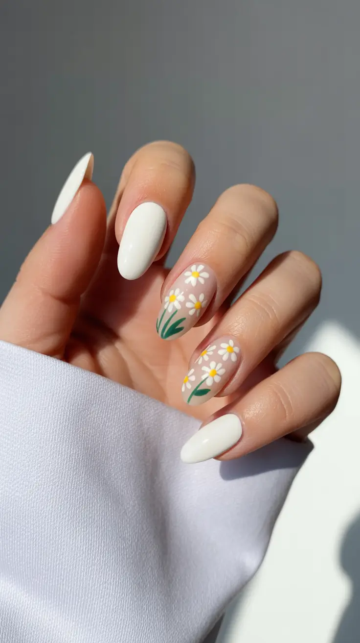 graduation nails ideas 2026 Soft White Daisy Nails for a Cute and Fresh Graduation Mood