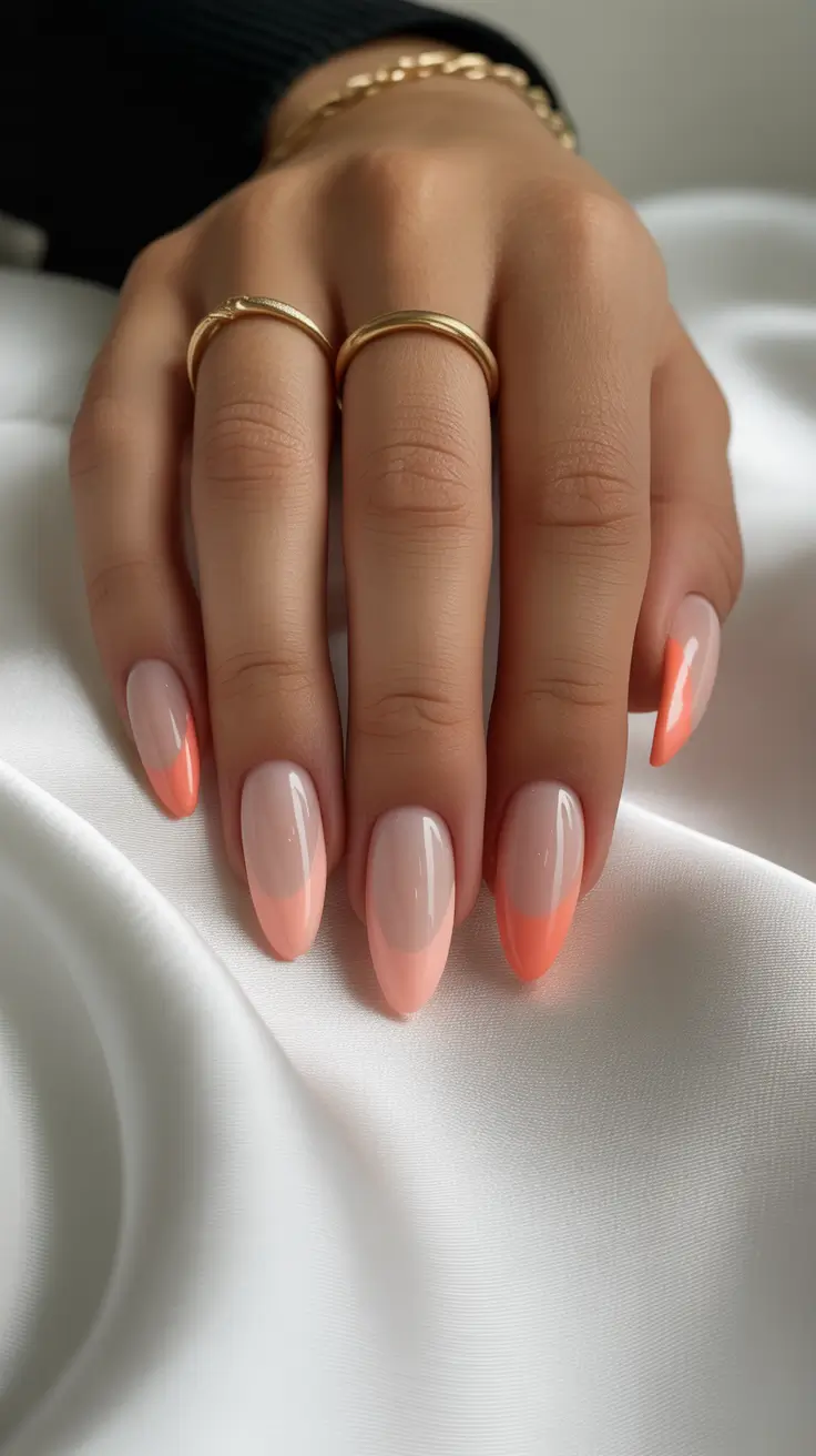 graduation nails ideas 2026 Peachy Ombre Almond Nails That Glow in the Sun