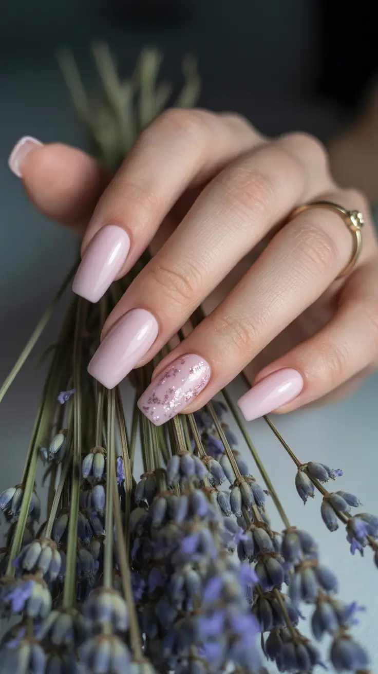May Nails Ideas 2026 Soft Pink Glitter Square