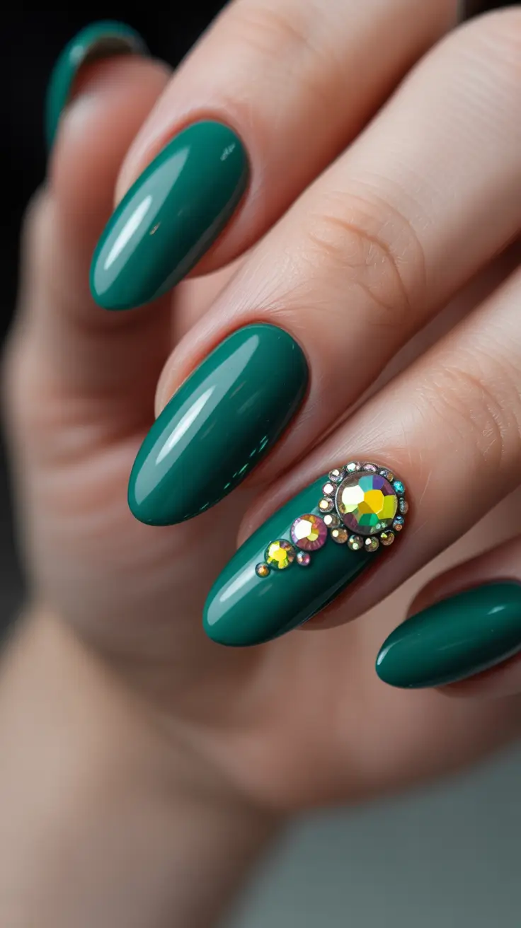 May Nails Ideas 2026 Emerald Green Almond Crystal