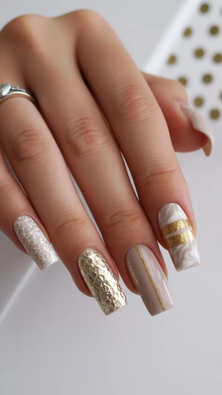May Nails Ideas 2026 Neutral Gold Texture Square