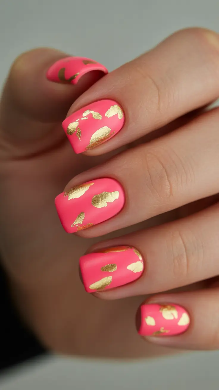 May Nails Ideas 2026 Bright Pink Gold Foil Short Square
