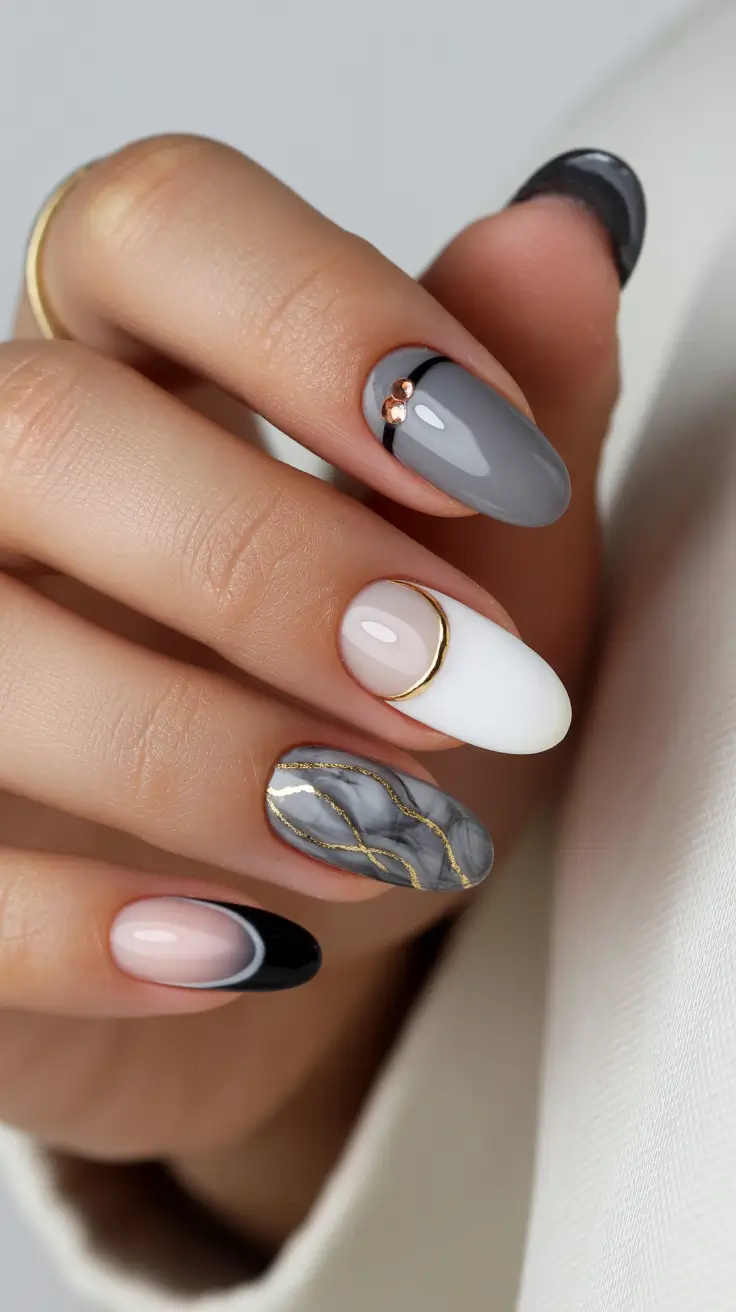 May Nails Ideas 2026 Graphic Gray Almond