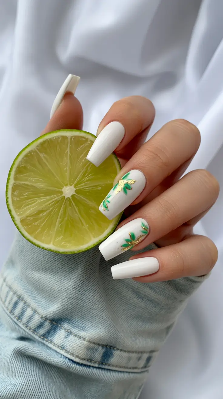 May Nails Ideas 2026 White Green Botanical