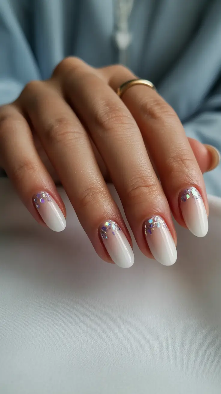 May Nails Ideas 2026 Milky Short Almond Sparkle