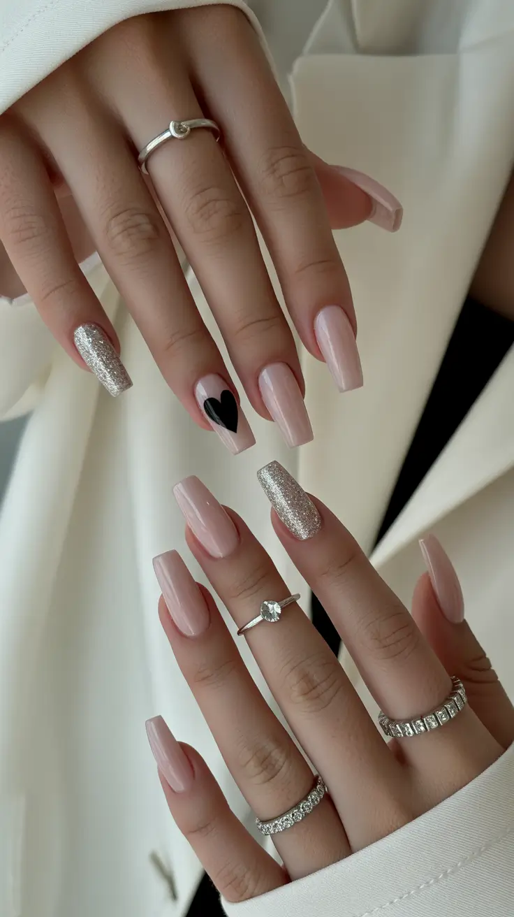 May Nails Ideas 2026 Neutral Coffin Heart Accent