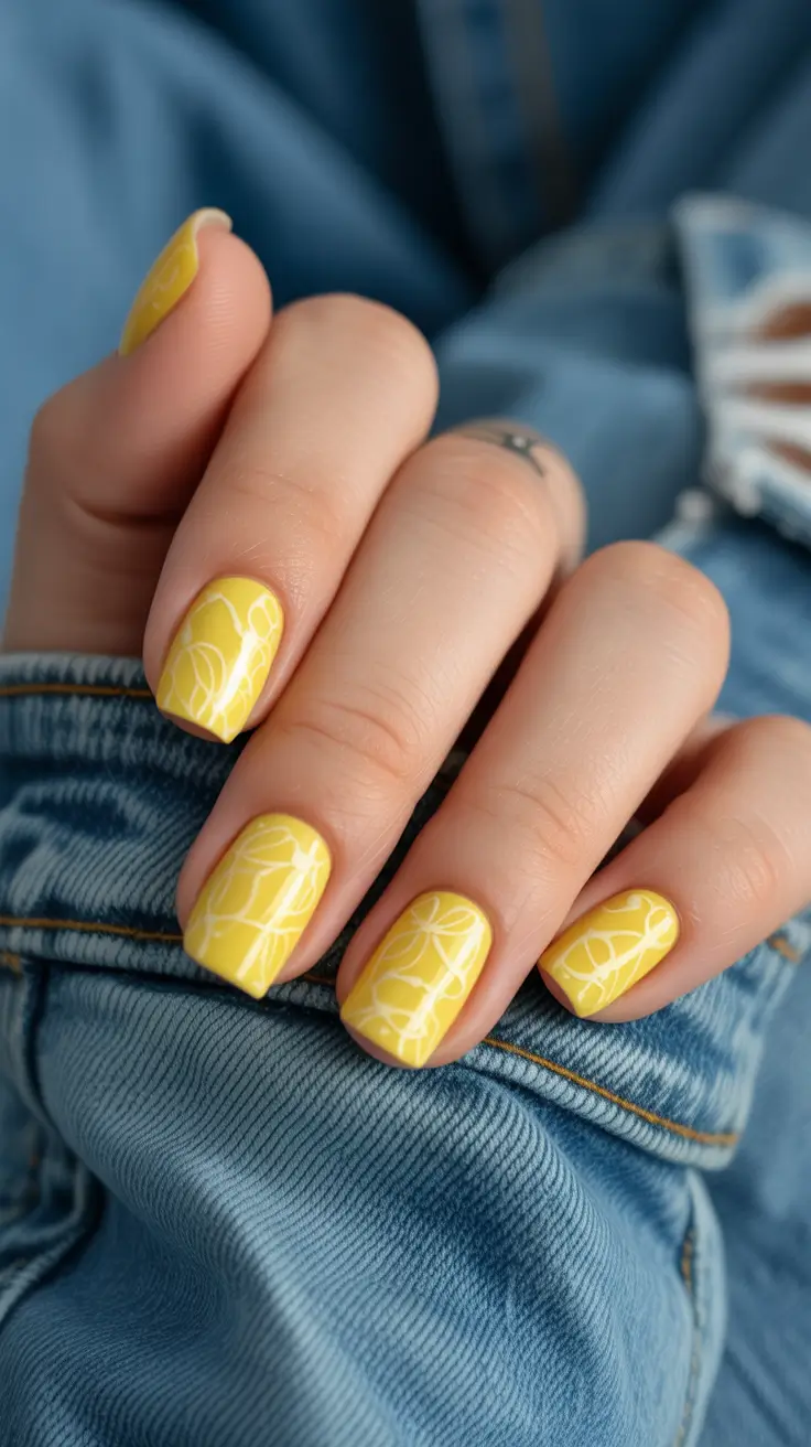sophisticated spring gel nails polish 2026 Sunny Yellow Short Gel with Abstract White Lines