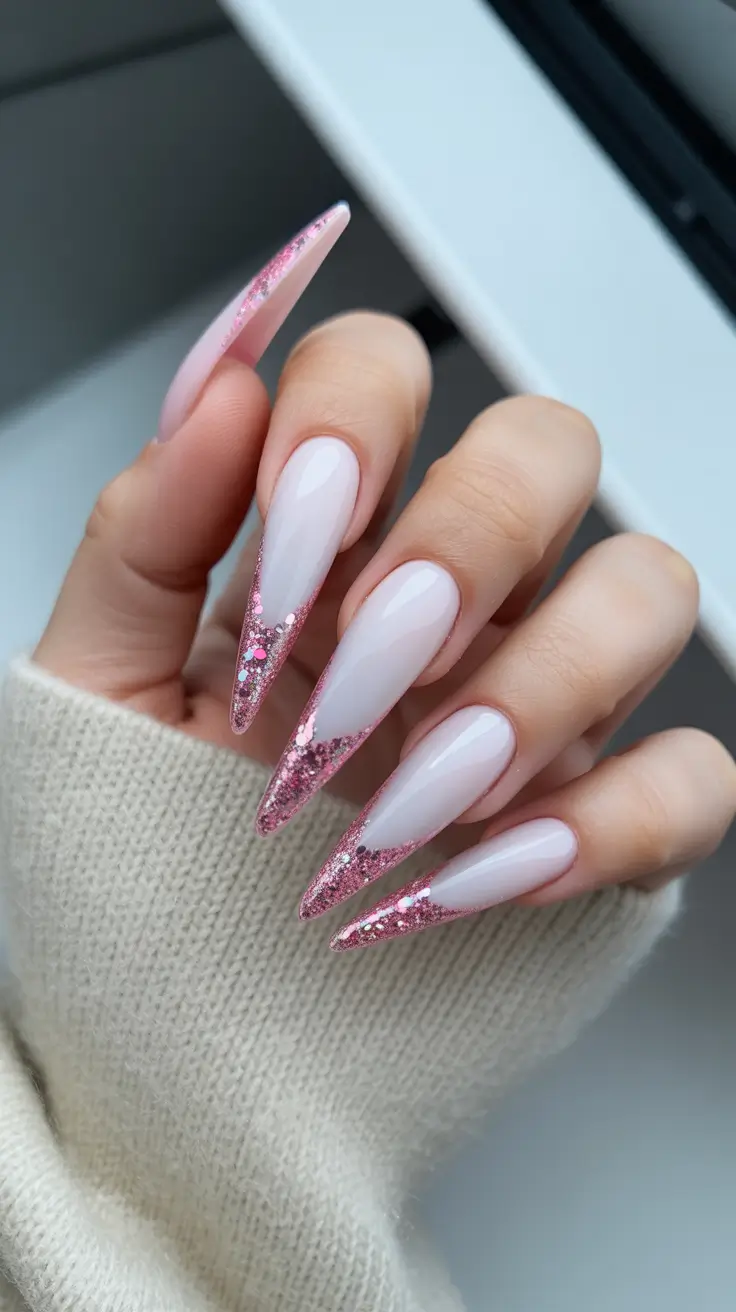 sophisticated spring gel nails polish 2026 Soft Pink Stiletto Gel with Glitter Fade Tips