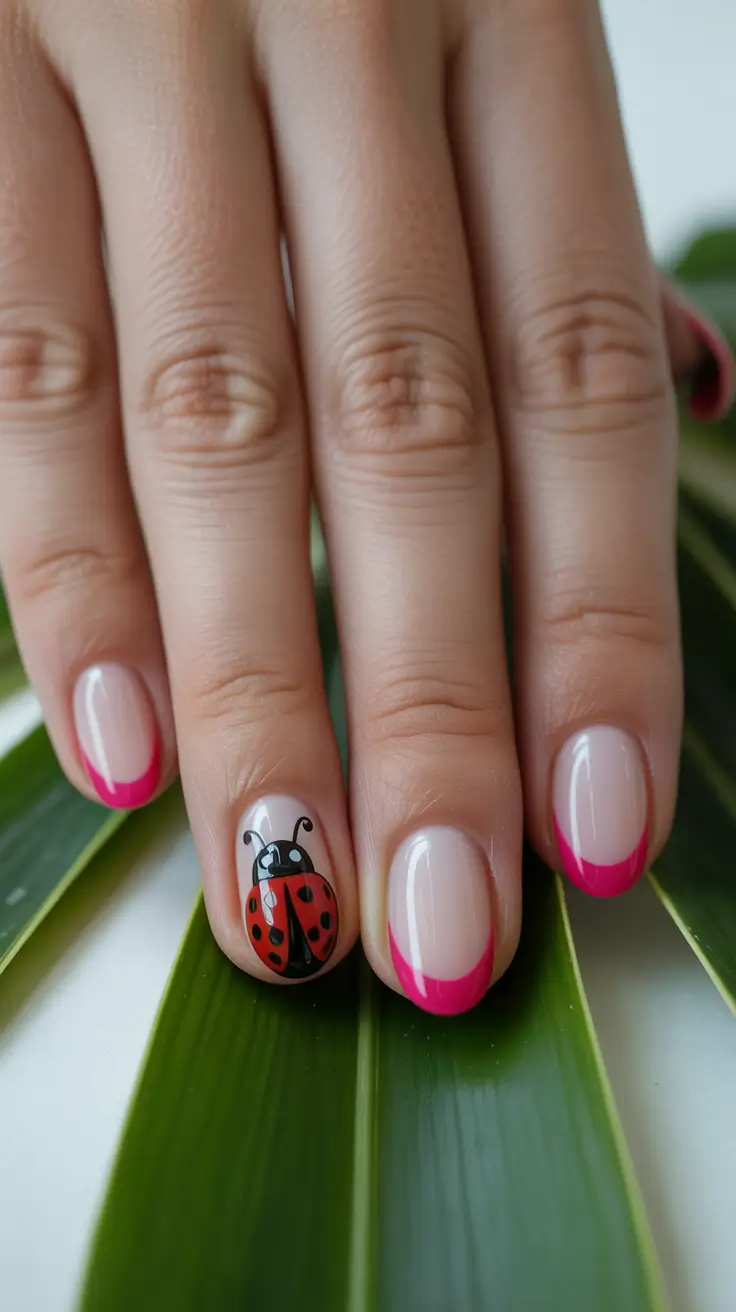 sophisticated spring gel nails polish 2026 Hot Pink Micro French with Ladybug Accent