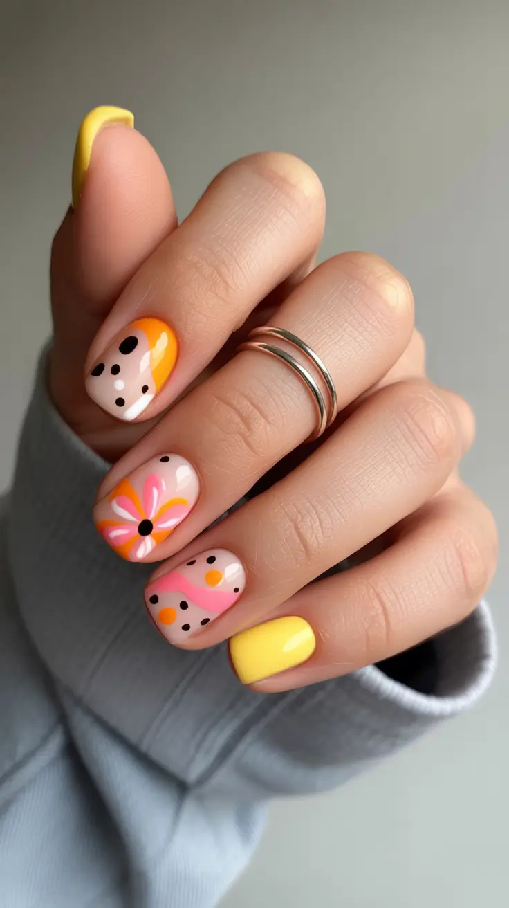 sophisticated spring gel nails polish 2026 Sunny Floral Pop Art Short Gel Mix