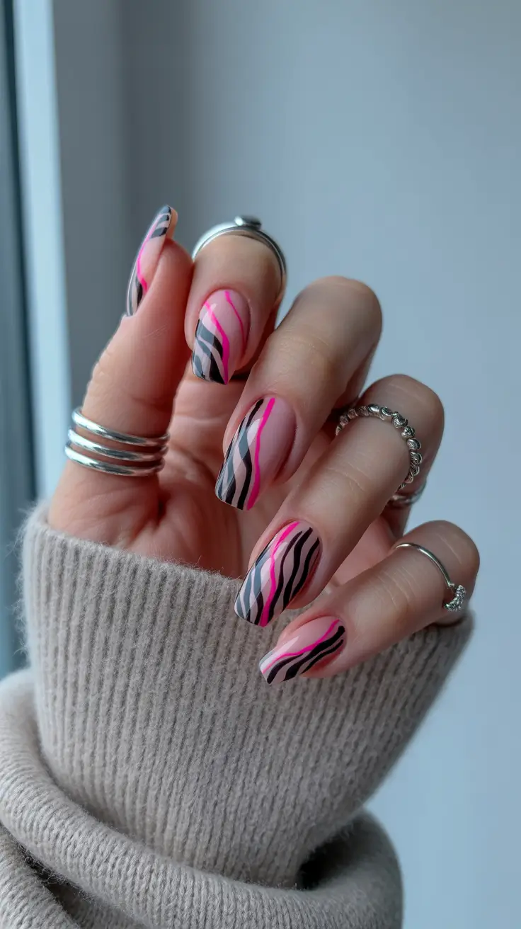sophisticated spring gel nails polish 2026 Neutral Pink Gel with Abstract Zebra Waves
