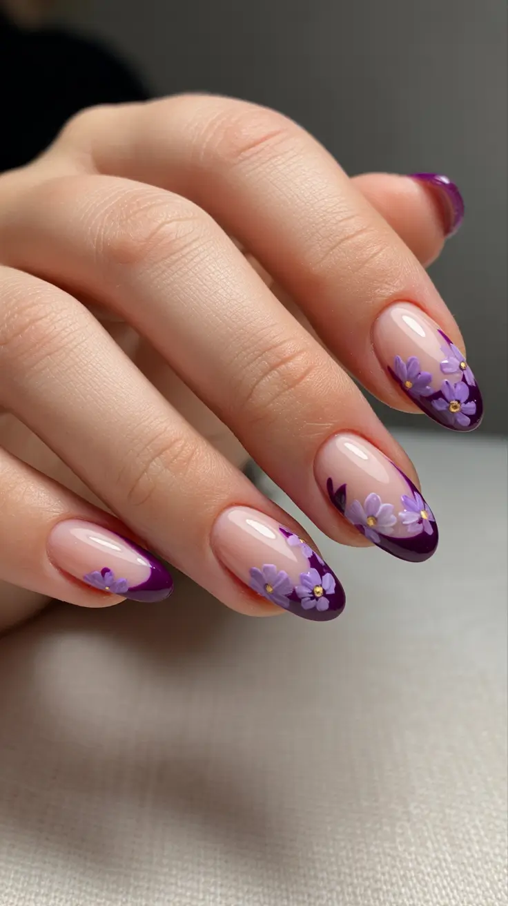 sophisticated spring gel nails polish 2026 Plum Floral Almond Gel with Deep French Curve