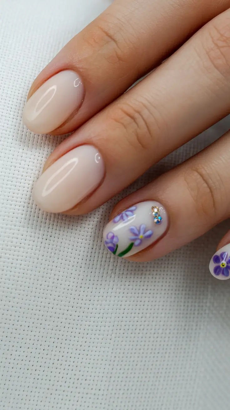 sophisticated spring gel nails polish 2026 Minimal Nude Short Gel with Tiny Violet Accent