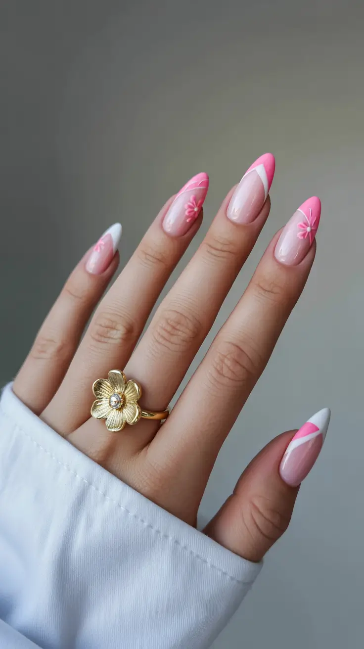 sophisticated spring gel nails polish 2026 Pink Diagonal French Almond with Daisy Detail