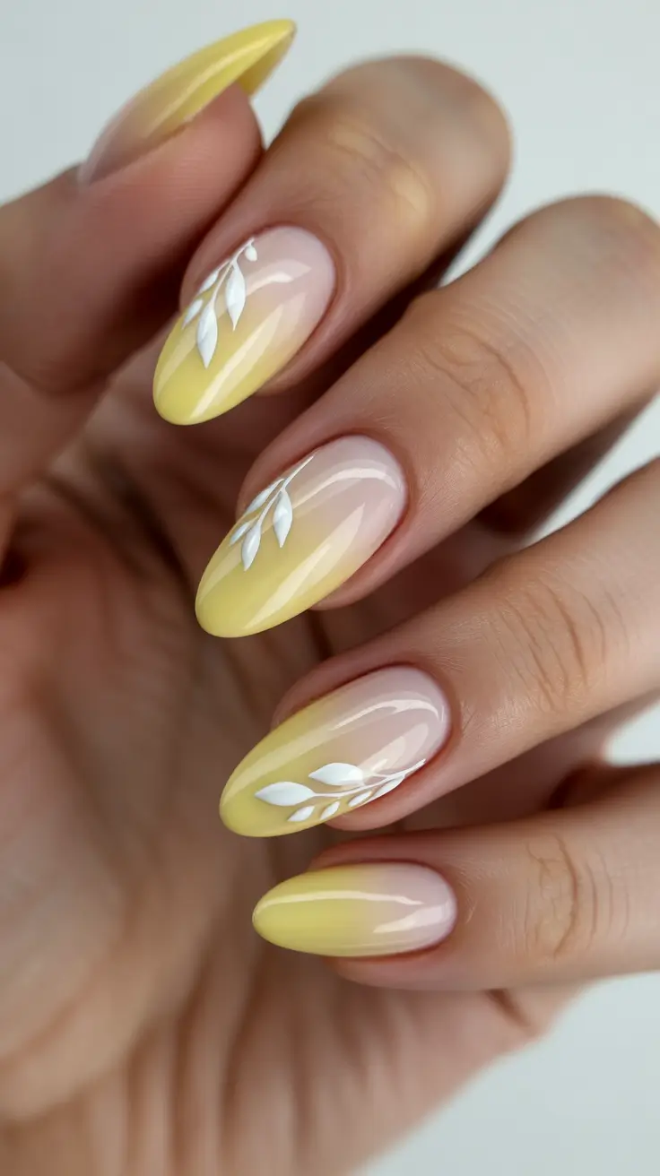 sophisticated spring gel nails polish 2026 Butter Yellow Almond Gel with Minimal Botanical Accent