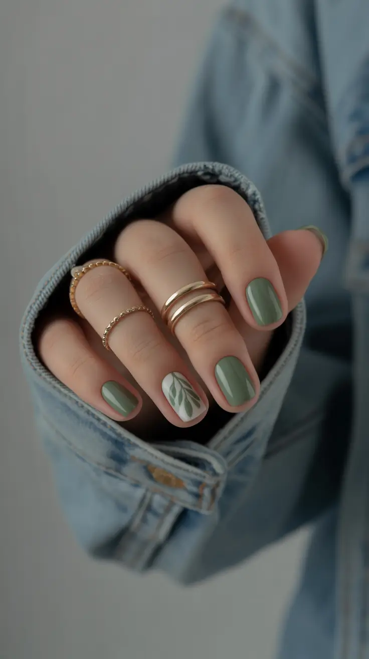 sophisticated spring gel nails polish 2026 Sage Green Short Gel with Botanical Leaf Accent