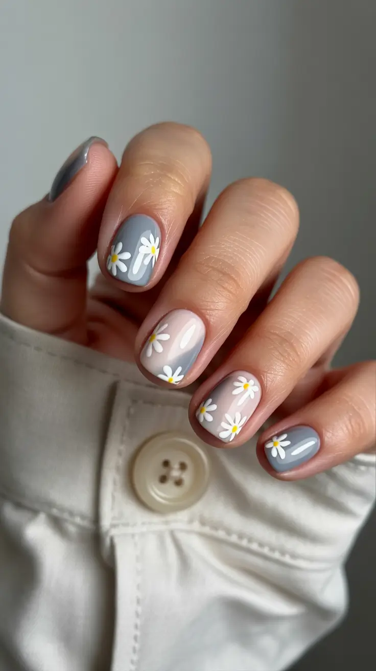 sophisticated spring gel nails polish 2026 Muted Blue Daisy Short Gel