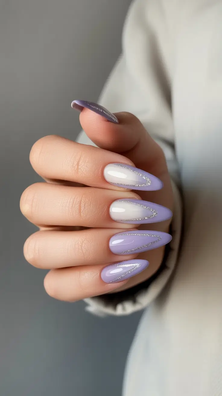 sophisticated spring gel nails polish 2026 Lavender Almond Gel with Fine Glitter Contour
