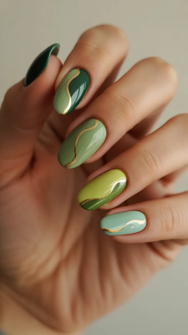 sophisticated spring gel nails polish 2026 Green Gradient Gel with Metallic Organic Lines