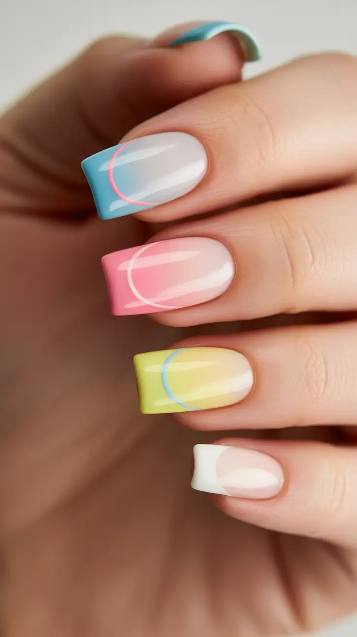 sophisticated spring gel nails polish 2026 Pastel Short Square French with Graphic Curve