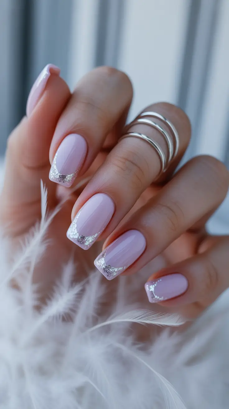 sophisticated spring gel nails polish 2026 Milky Pink Square Gel with Silver Leaf French Edge