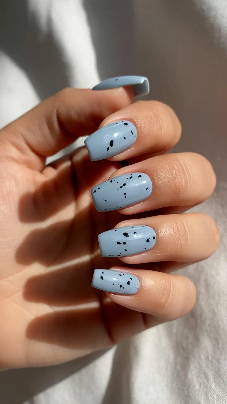 sophisticated spring gel nails polish 2026 Powder Blue Speckled Short Square Gel