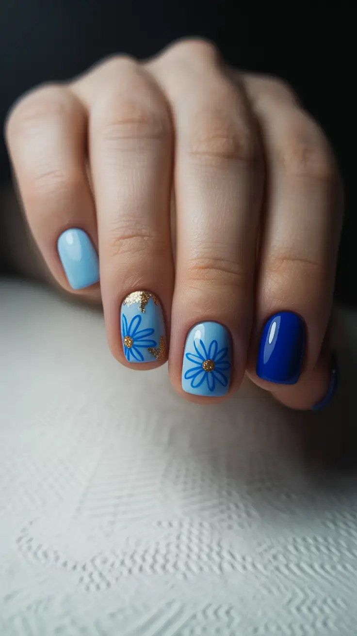 sophisticated spring gel nails polish 2026 Sky Blue Daisy Short Gel Accent