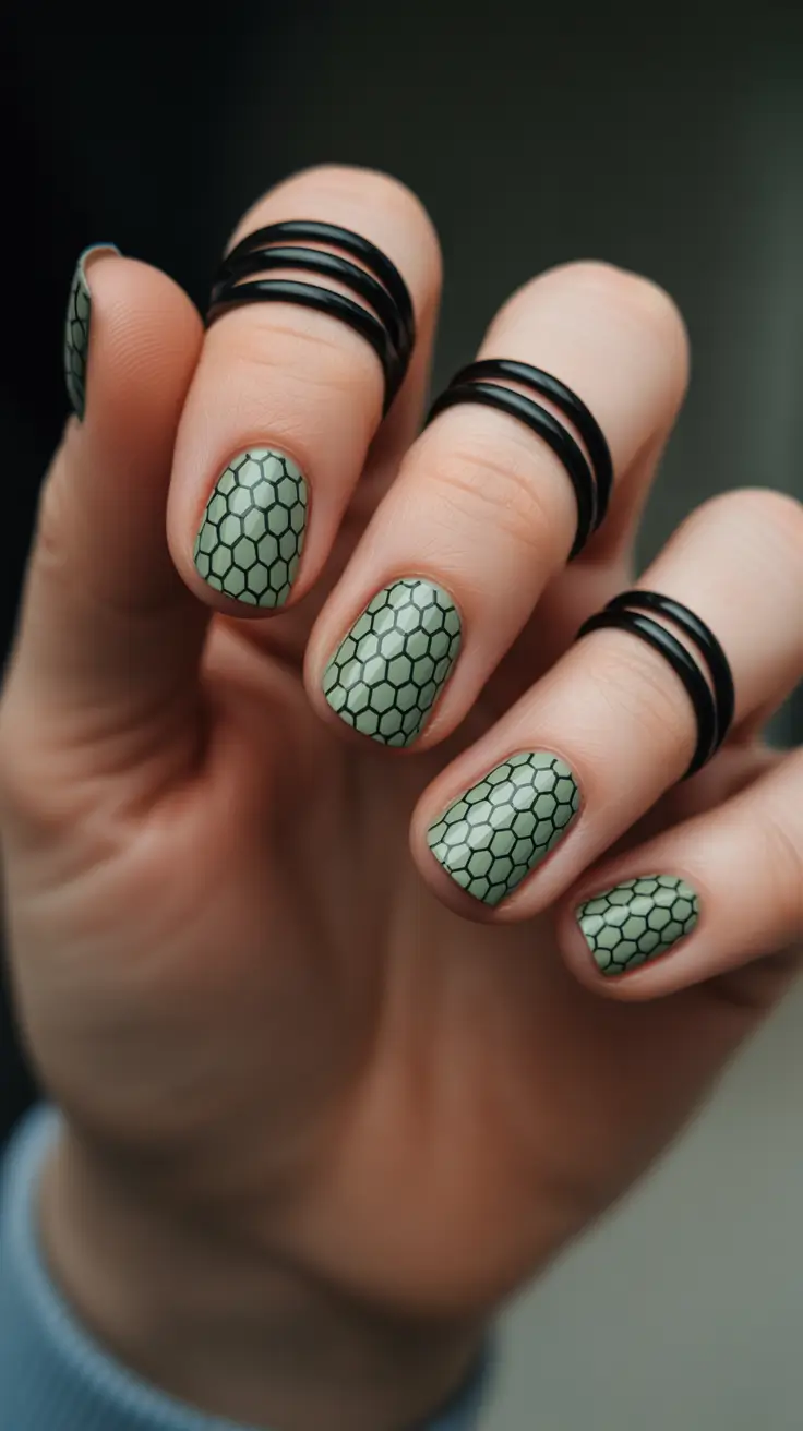 sophisticated spring gel nails polish 2026 Muted Sage Honeycomb Short Gel Pattern