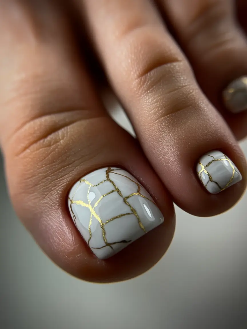 trendy spring toe nails 2026 Elegant Marble Gold Lines for Classy Spring Pedicures