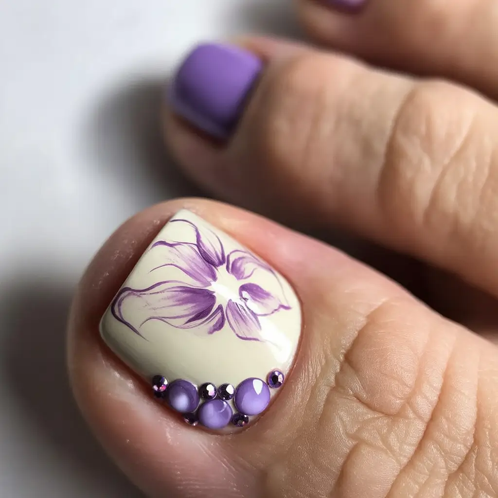 trendy spring toe nails 2026 Lavender Floral Pedicure with Delicate Gem Accents