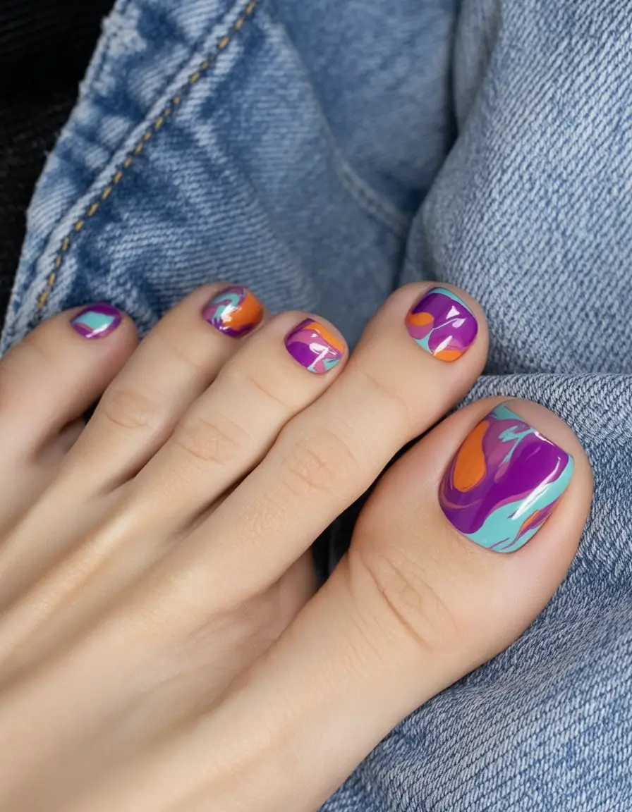 trendy spring toe nails 2026 Abstract Color Swirls for Playful Spring Pedicures