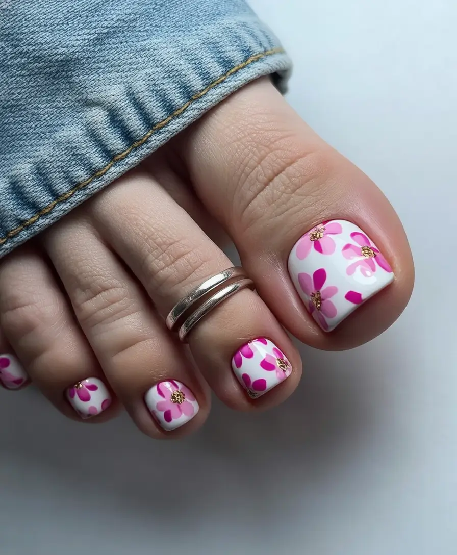 trendy spring toe nails 2026 Pink Daisy Pedicure with Cheerful Spring Flower Art