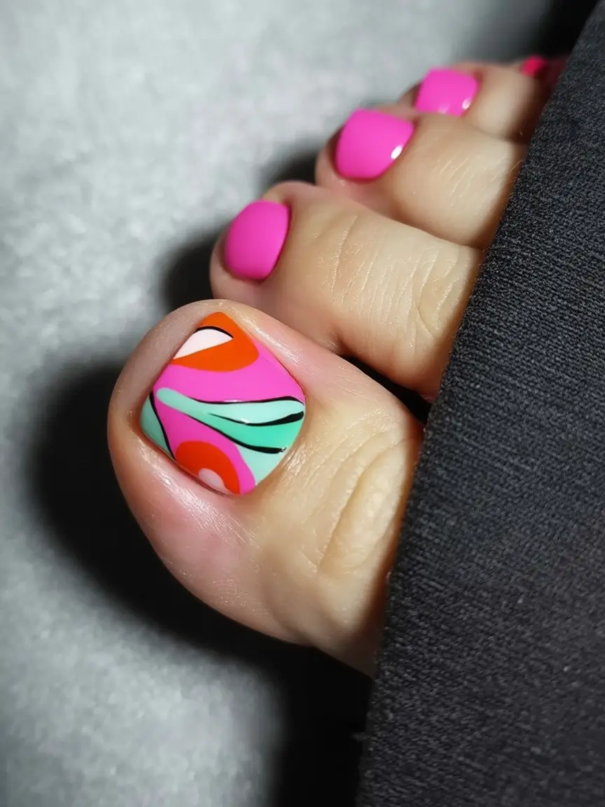 trendy spring toe nails 2026 Bold Neon Pink Pedicure with Modern Graphic Accent