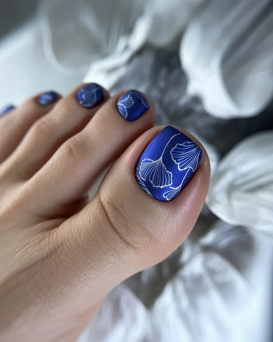 trendy spring toe nails 2026 Deep Blue Botanical Pedicure with Elegant Line Art