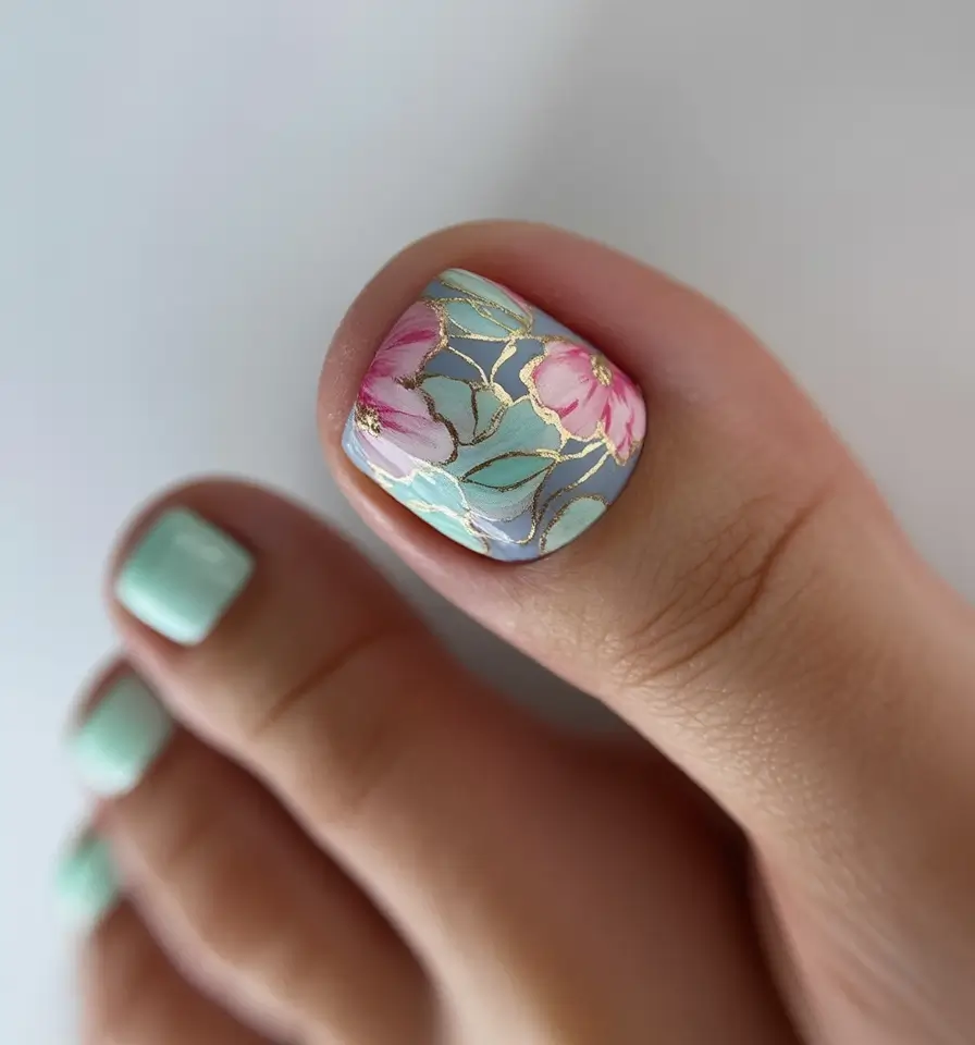 trendy spring toe nails 2026 Delicate Floral Gold Detail Pedicure with Soft Pastels