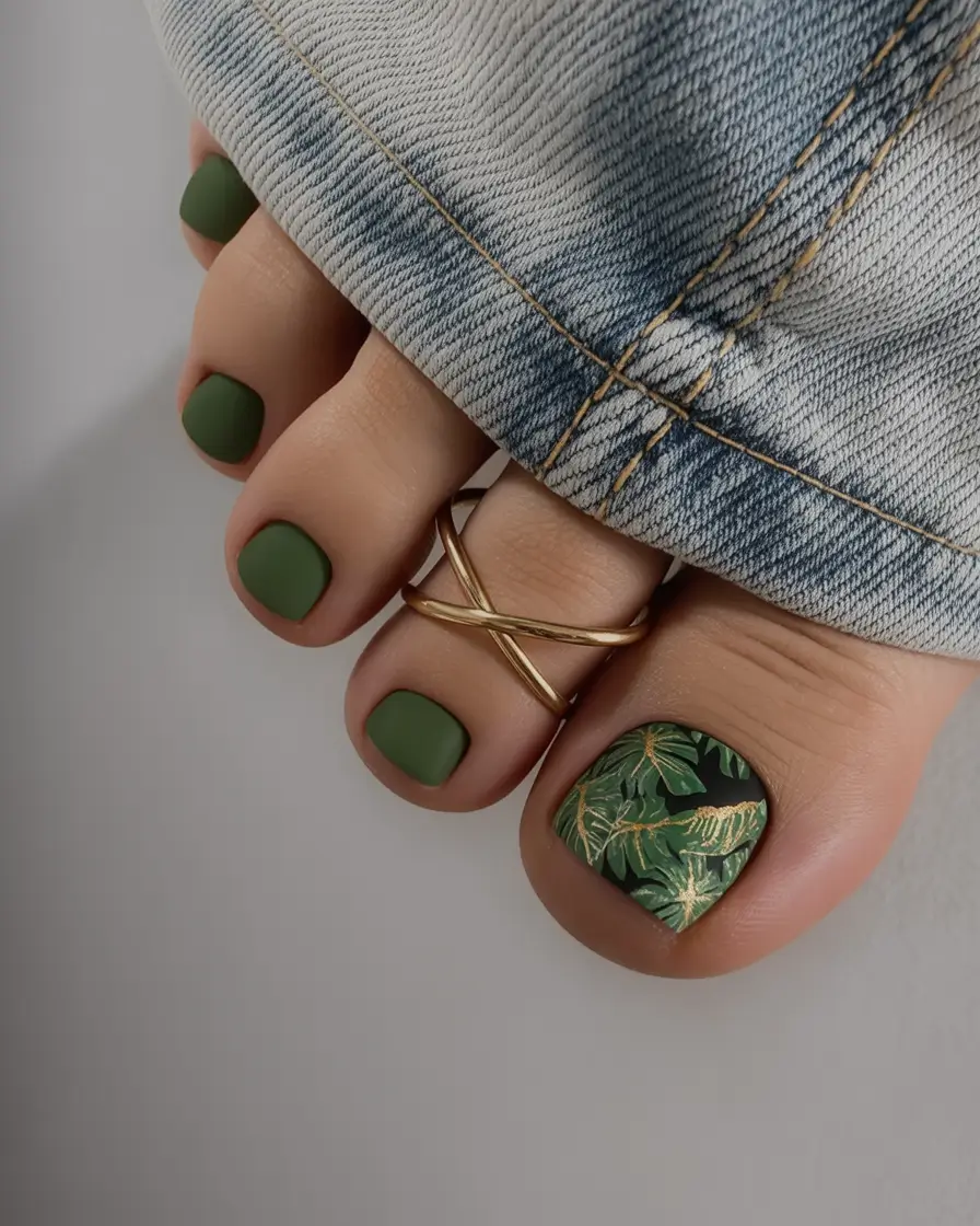 trendy spring toe nails 2026 Matte Forest Green Pedicure with Botanical Accent