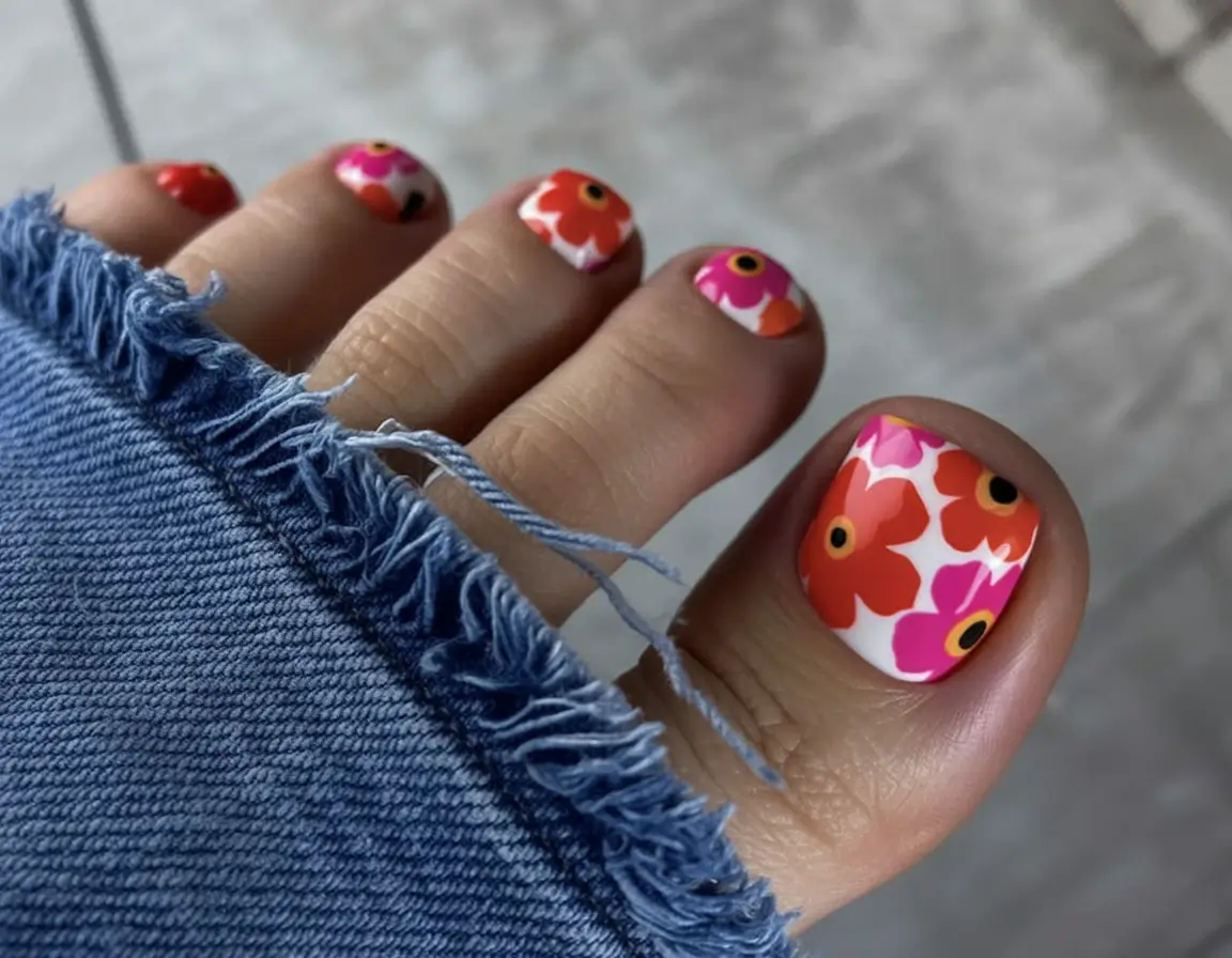 trendy spring toe nails 2026 Retro Flower Power Pedicure with Bright Spring Energy