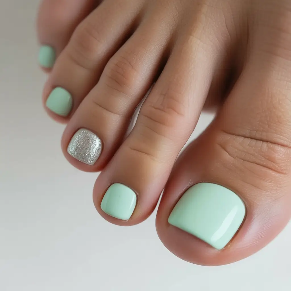 trendy spring toe nails 2026 Soft Mint Minimal Pedicure with a Touch of Sparkle