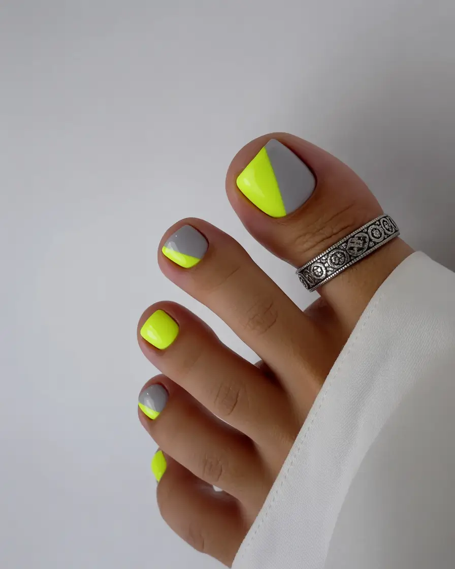 trendy spring toe nails 2026 Modern Neon Geometry with Yellow Spring Accents