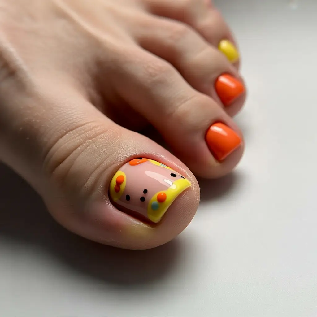 trendy spring toe nails 2026 Playful Pop Art Pedicure with Sunny Spring Colors